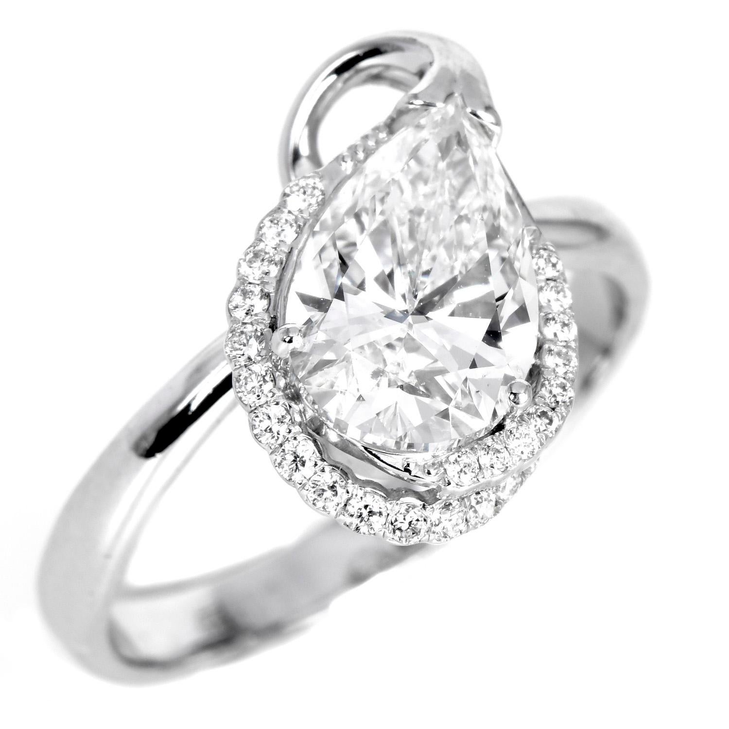 Verlobungsring, GIA zertifiziert 1,50 Karat Diamant im Birnenschliff, 14 Karat Weißgold im Zustand „Hervorragend“ im Angebot in Miami, FL