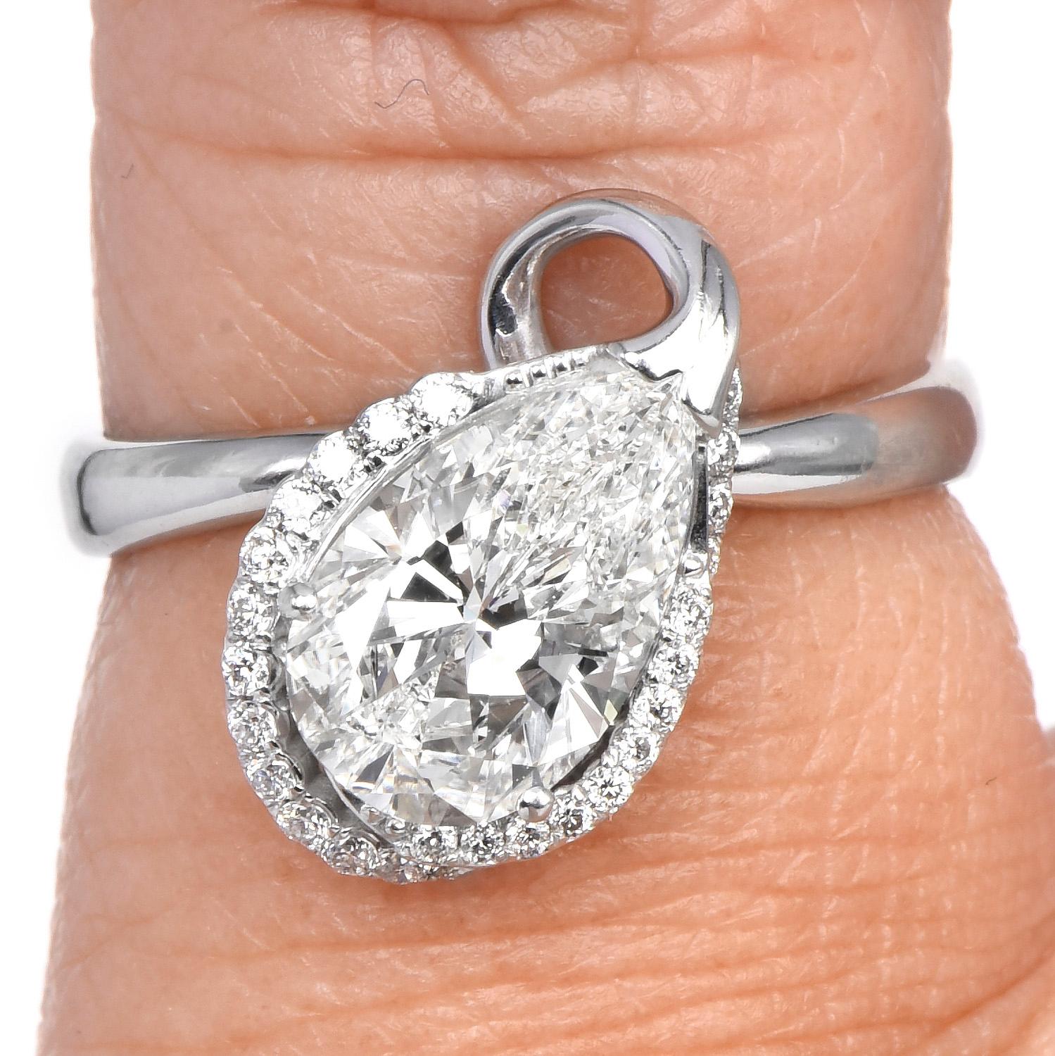 Verlobungsring, GIA zertifiziert 1,50 Karat Diamant im Birnenschliff, 14 Karat Weißgold Damen im Angebot