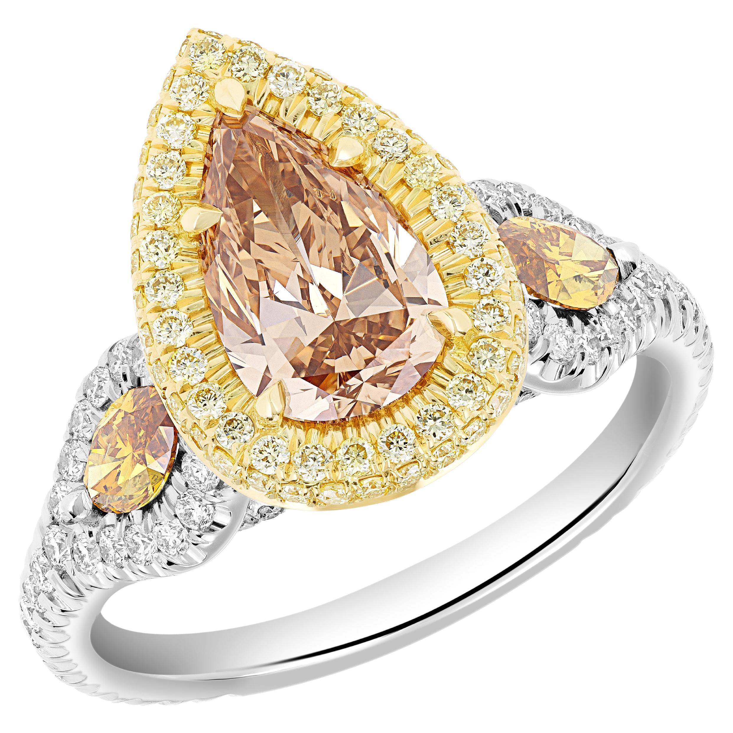 GIA Certified 1.50 Fancy Deep Brown-Yellow Pear Shape Halo Engagement Ring 18k For Sale