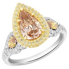 GIA Certified 1.50 Fancy Deep Brown-Yellow Pear Shape Halo Engagement Ring 18k