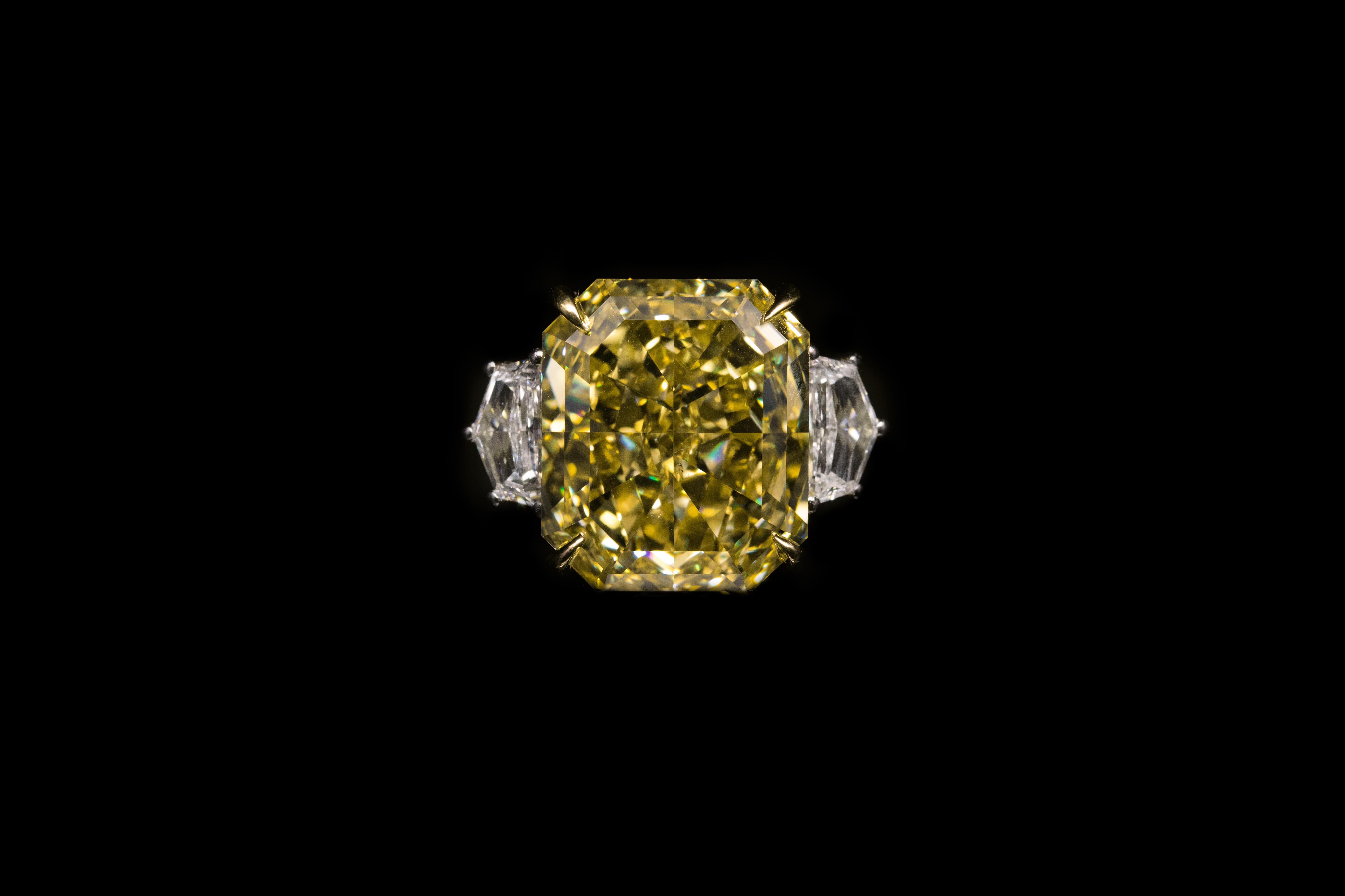 GIA Certified 15.02ct Fancy Intense Yellow Radiant Diamond ring In New Condition For Sale In Calabasas, CA