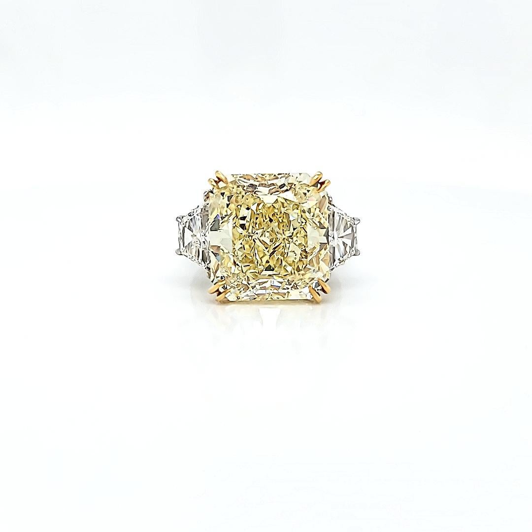 Radiant Cut Louis Newman 7 Co GIA Certified 15.06 Carat Fancy Yellow Three-Stone Ring For Sale