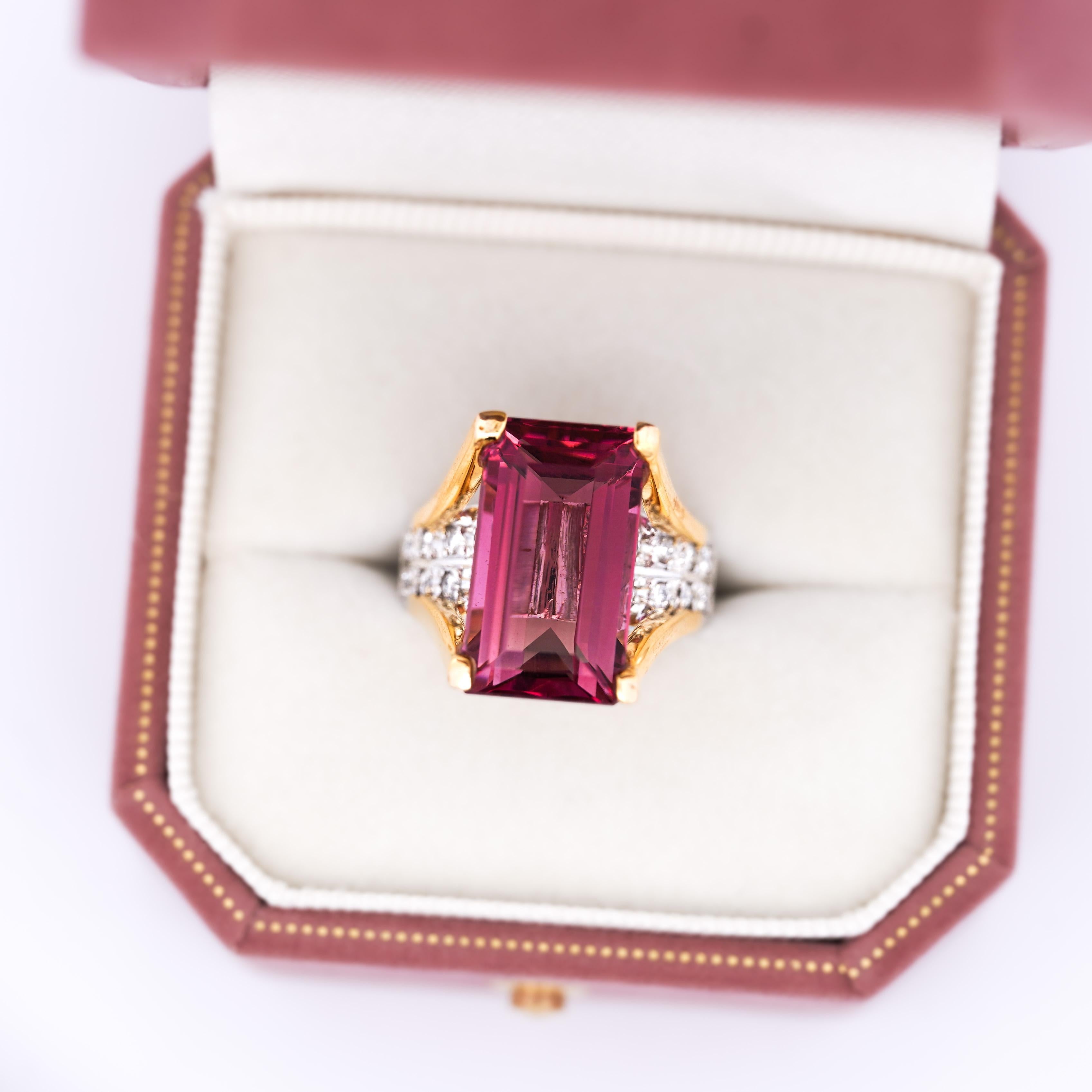 GIA Certified 15.07 Carat Emerald Cut Pink Tourmaline and Diamond Ring For Sale 5