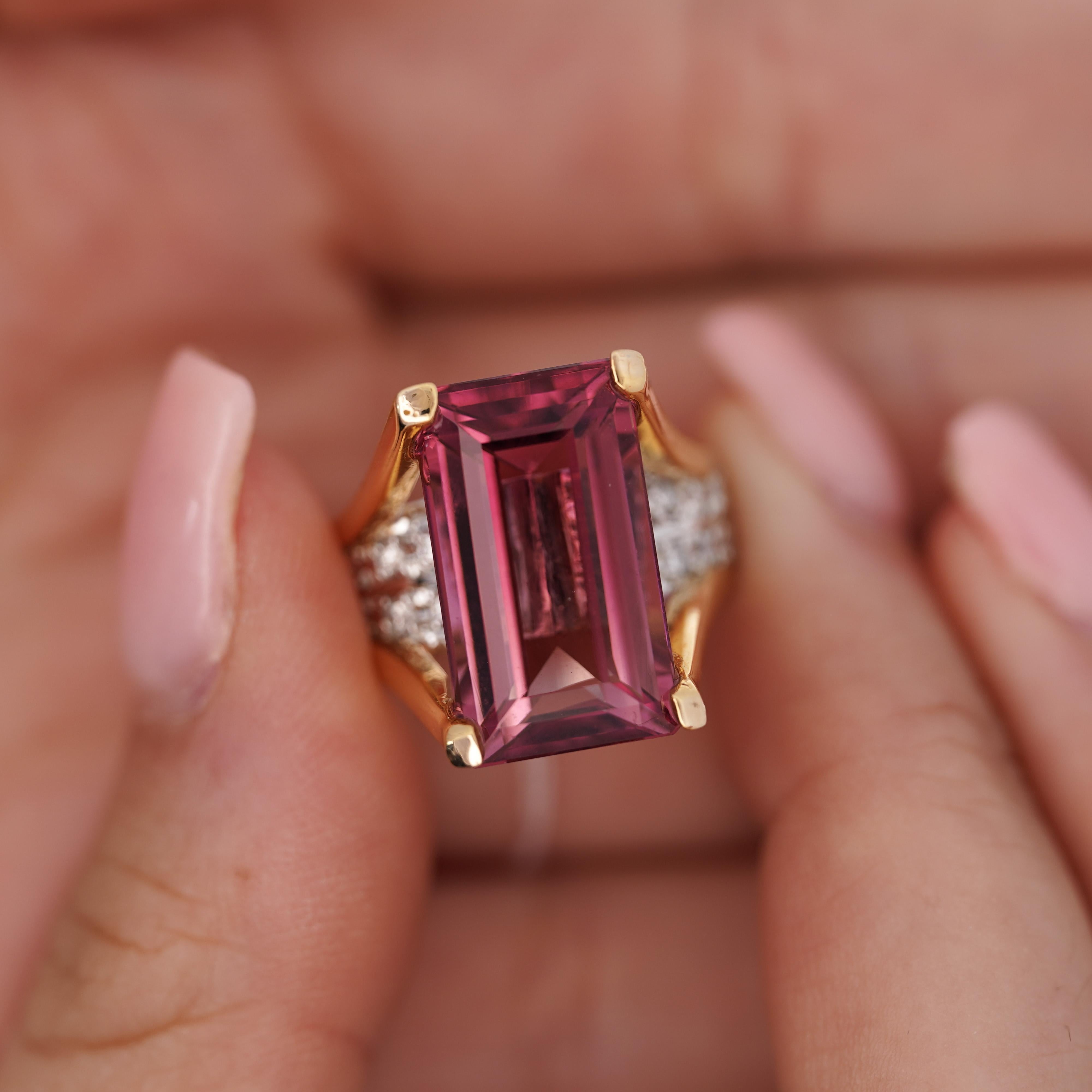 GIA Certified 15 Carat Emerald Cut Natural Pink Tourmaline and Diamond Split Shank 18K Gold and Platinum Cocktail Ring.

Details: 
Item Type: Women's Ring
Metal: Platinum, 18K yellow gold
Size: 7
Weight: 12.90 Grams
Length: 17.73mm
Width: