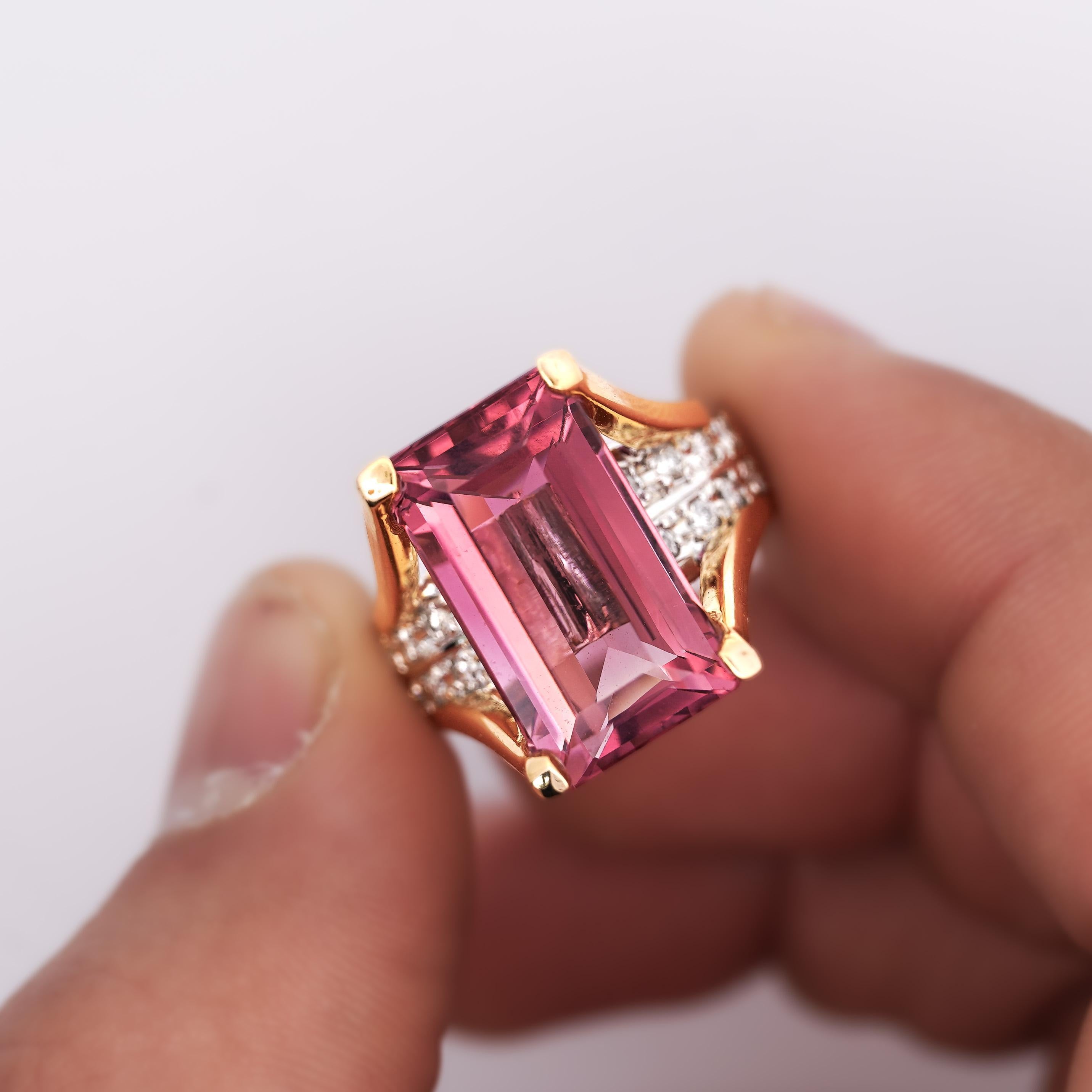 Modern GIA Certified 15.07 Carat Emerald Cut Pink Tourmaline and Diamond Ring For Sale