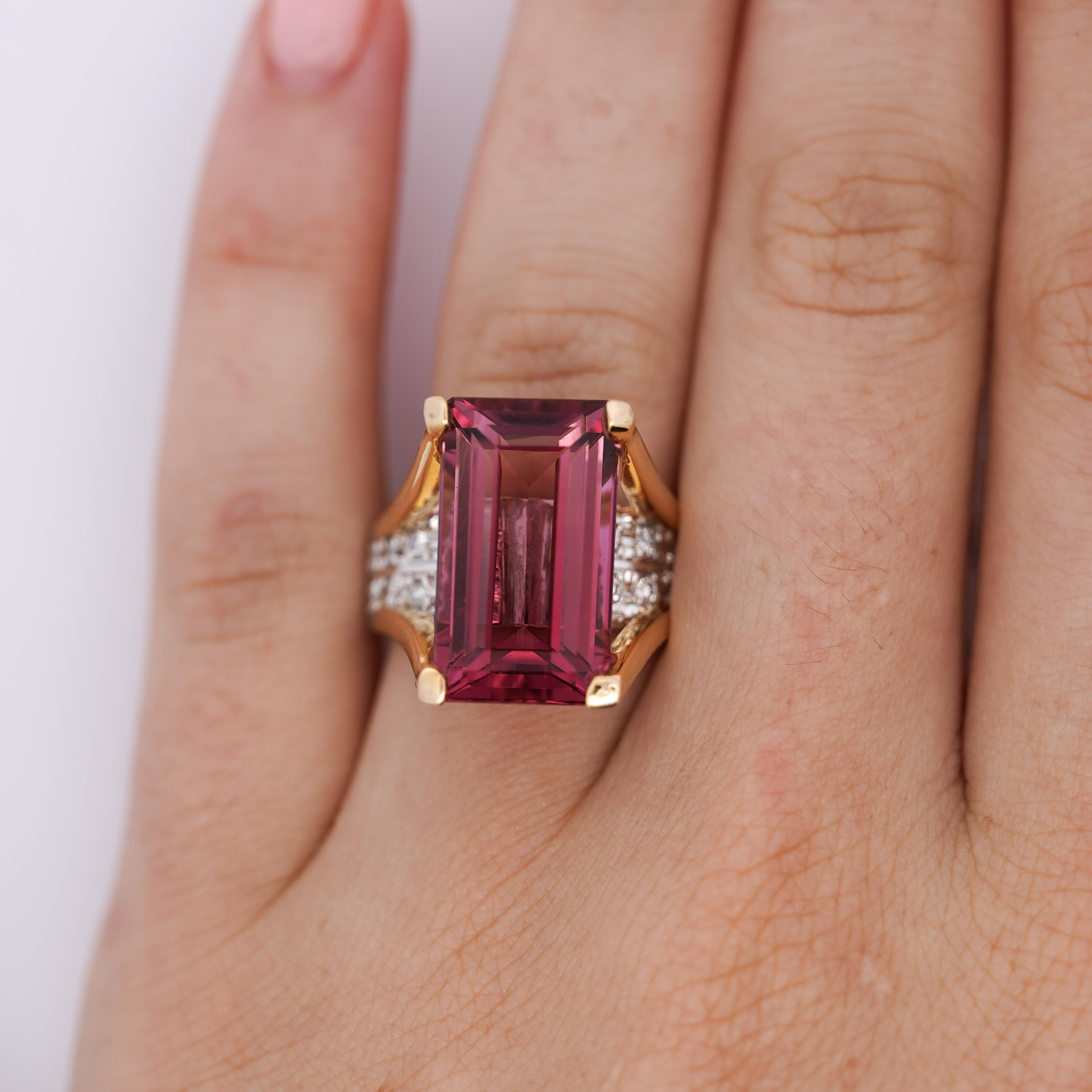 Women's GIA Certified 15.07 Carat Emerald Cut Pink Tourmaline and Diamond Ring For Sale