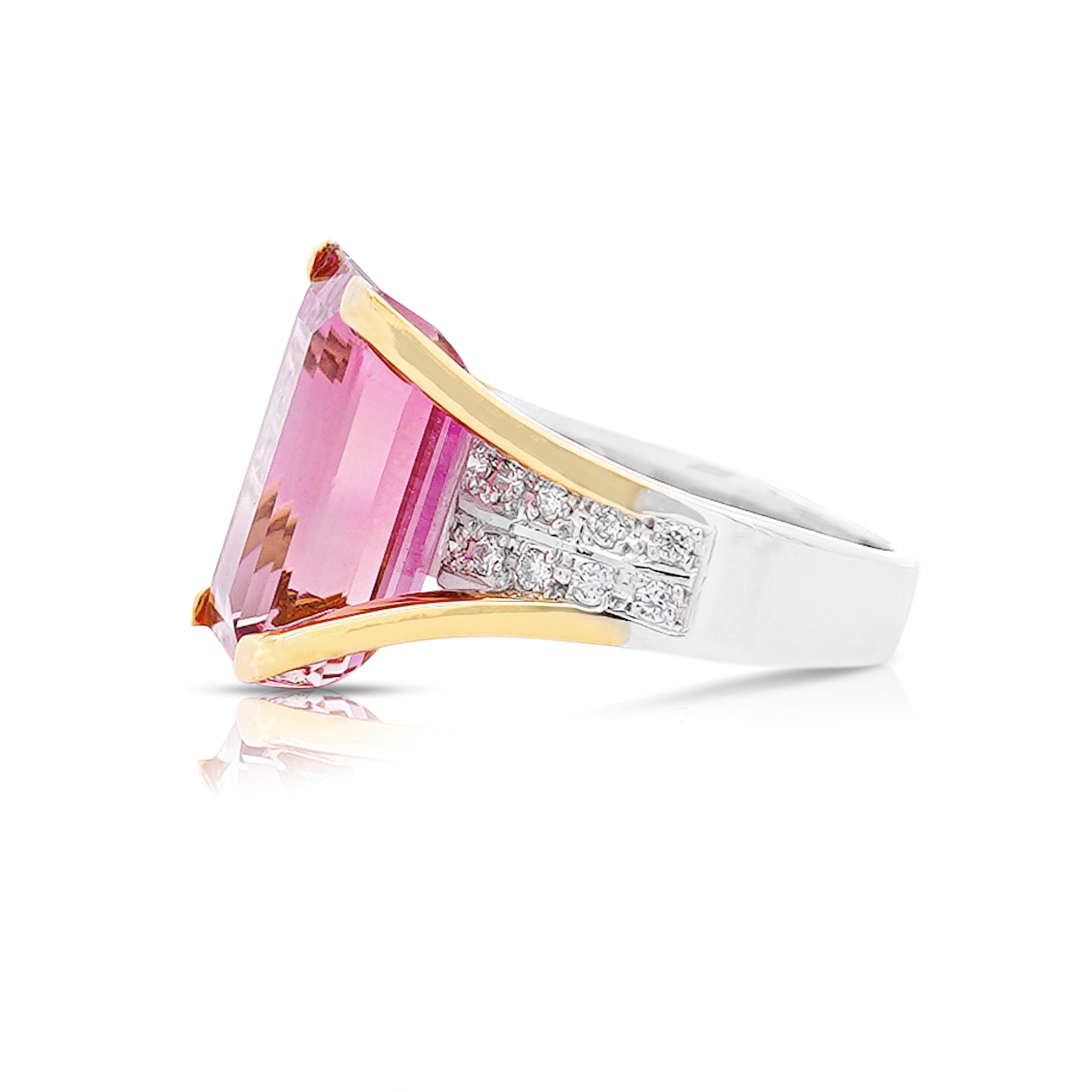 GIA Certified 15.07 Carat Emerald Cut Pink Tourmaline and Diamond Ring For Sale 2