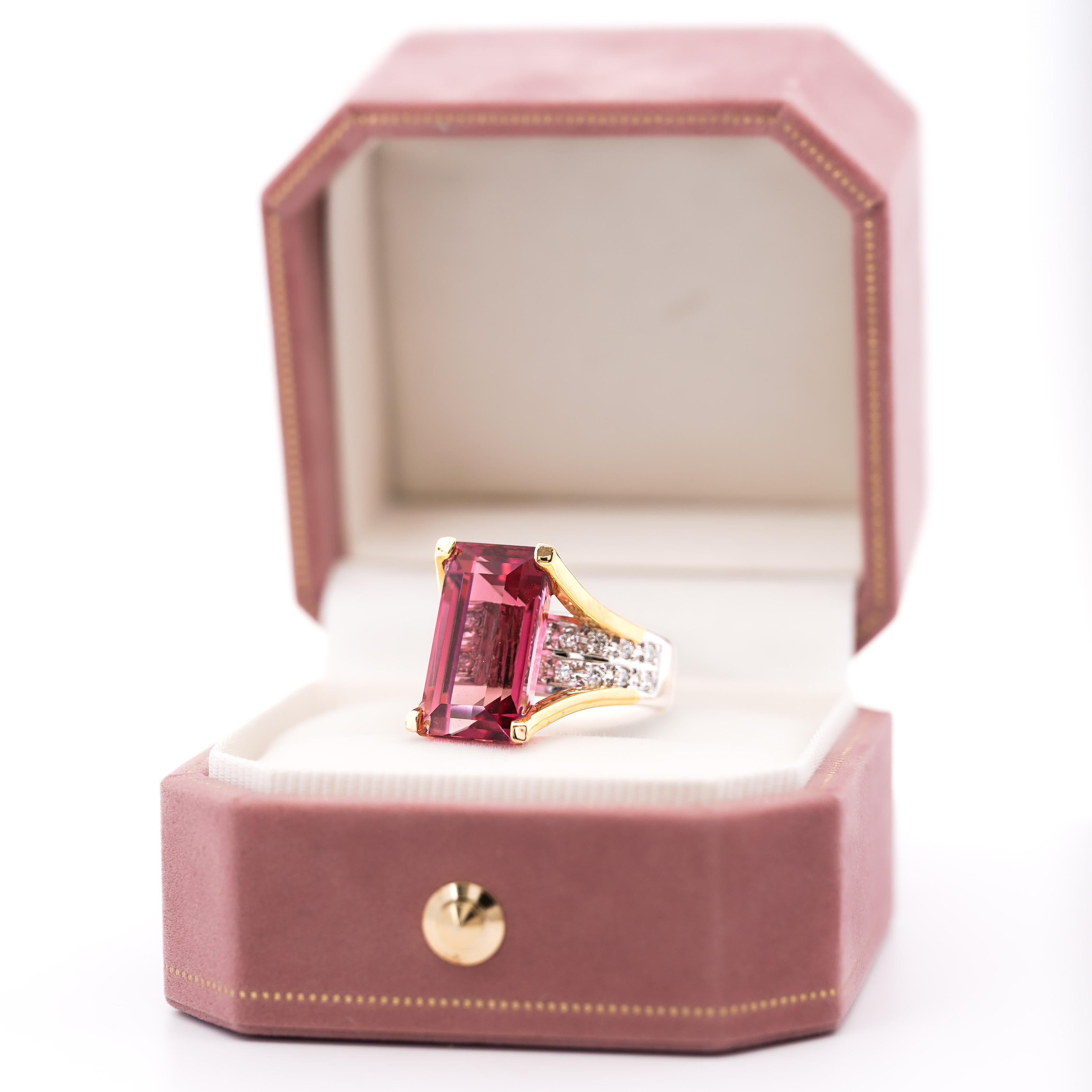 GIA Certified 15.07 Carat Emerald Cut Pink Tourmaline and Diamond Ring For Sale 4