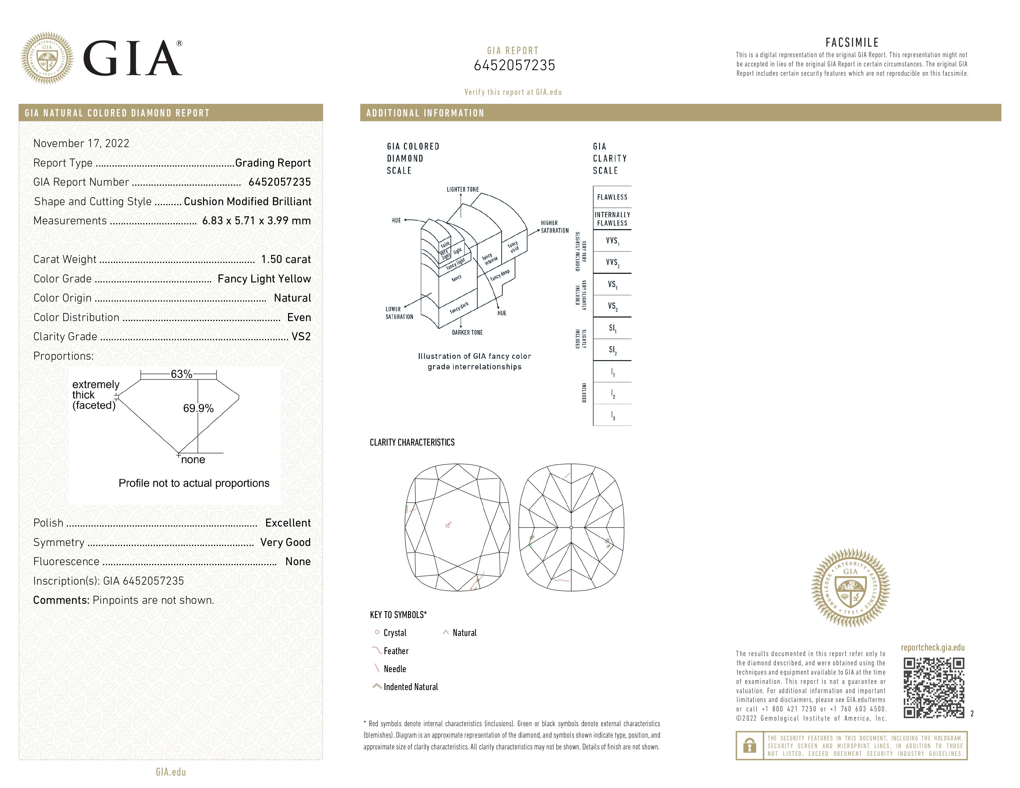 GIA Certified, 1.50ct Natural Fancy Light Yellow Cushion shape Diamond Ring 18KT 1