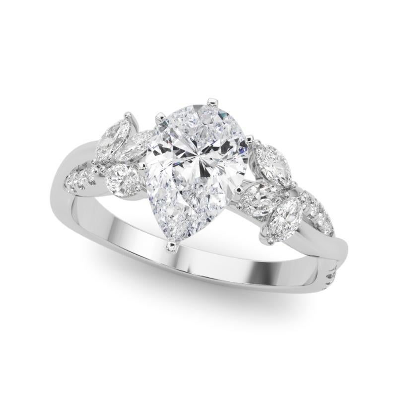 Taglio a goccia Anello con diamante in platino certificato GIA da 1,50 carati con pera intrecciata e fiore da giardino. in vendita