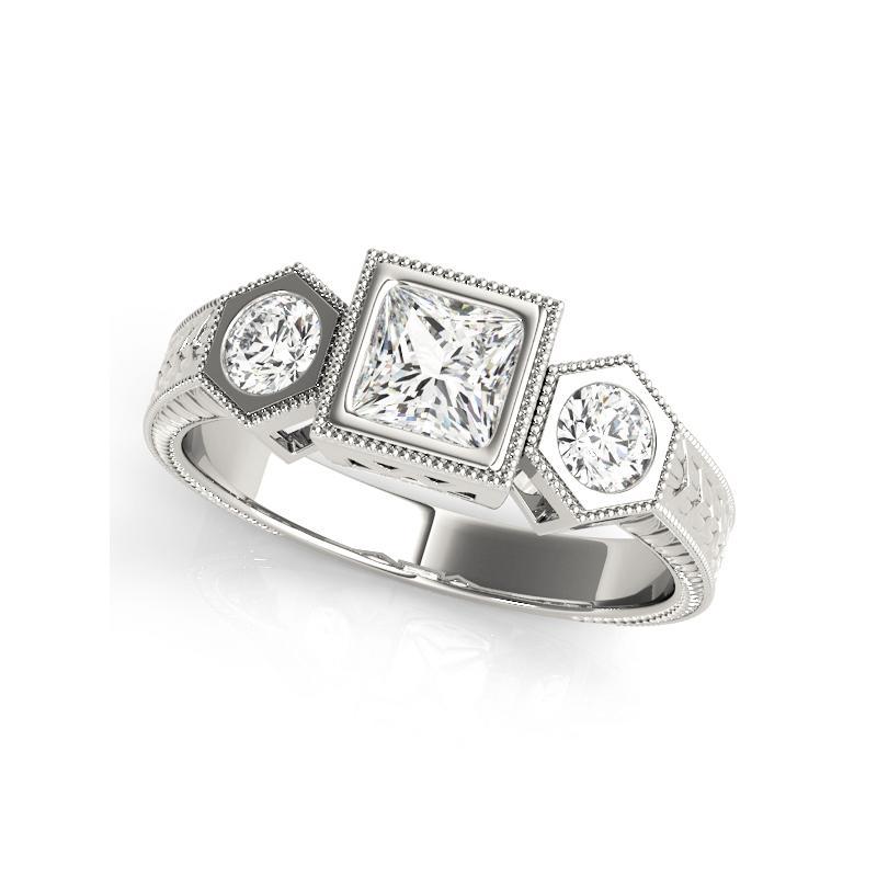 Princess Cut GIA Certified 1.50ct Princess Three-Stone Geometric Bezel Diamond Ring For Sale