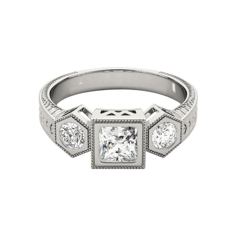 Anello con diamante a castone geometrico Princess a tre pietre certificato GIA 1,50ct
