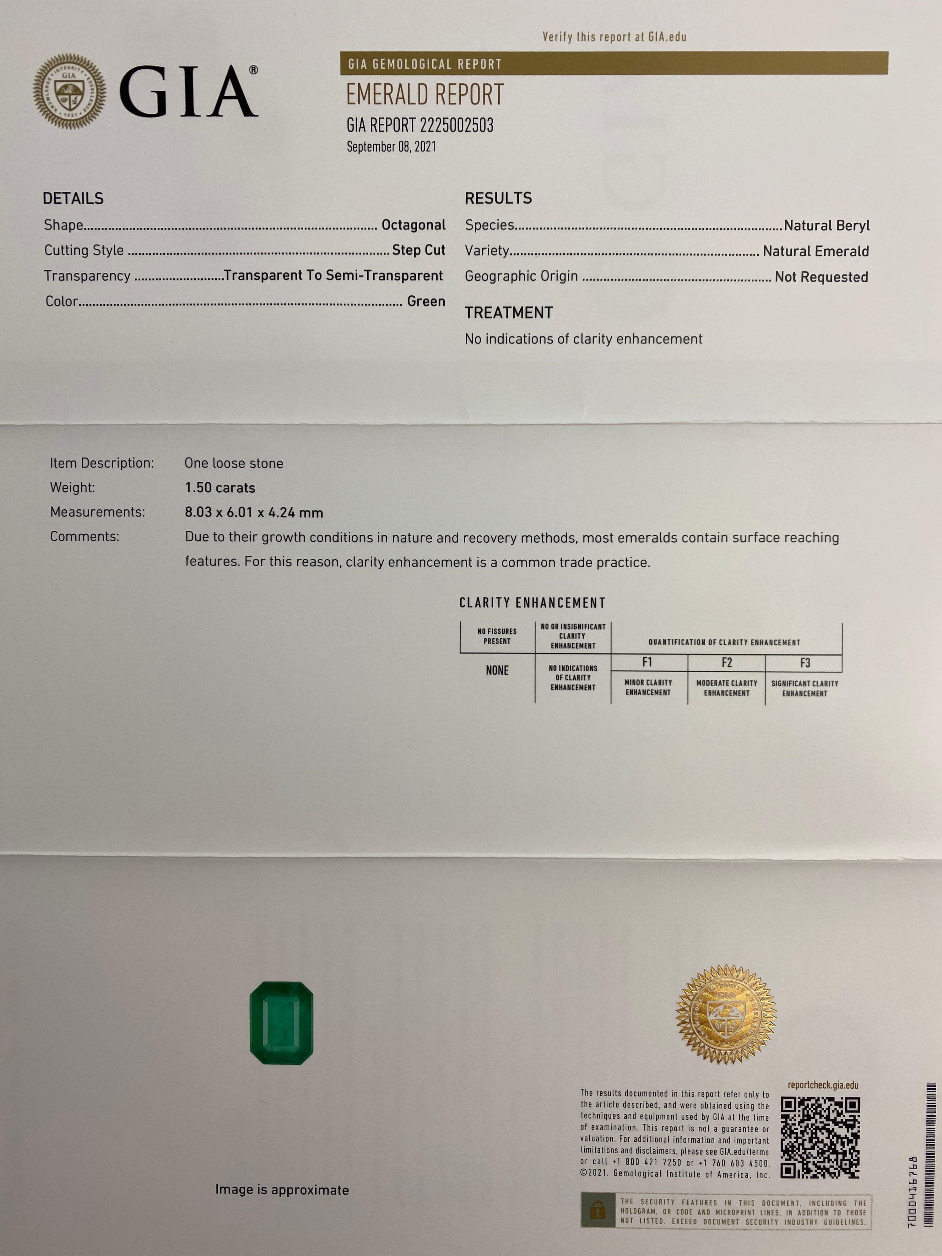 Emerald Cut GIA Certified 1.50ct Untreated Emerald 18k White Gold Diamond Surround Pendant