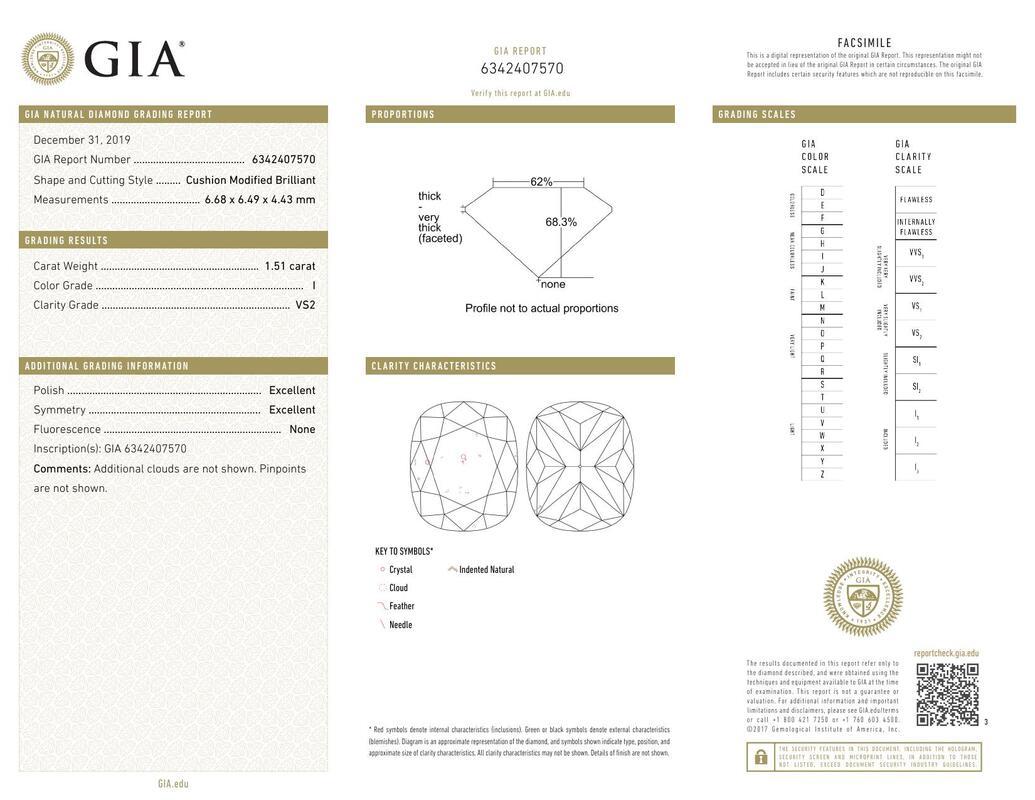 Contemporain Bague d'éternité en platine certifiée GIA de 1,51 carat en forme de coussin en vente
