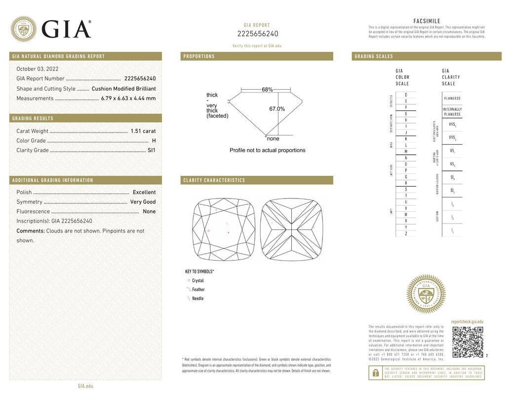 Contemporain GIA Certified 1.51 Carat Cushion Prong Set Solitaire Diamond Ring en vente