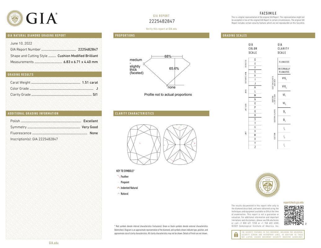 Contemporaneo Anello con diamante solitario in platino certificato GIA da 1.51 carati con cuscino e incastonatura a forchetta in vendita