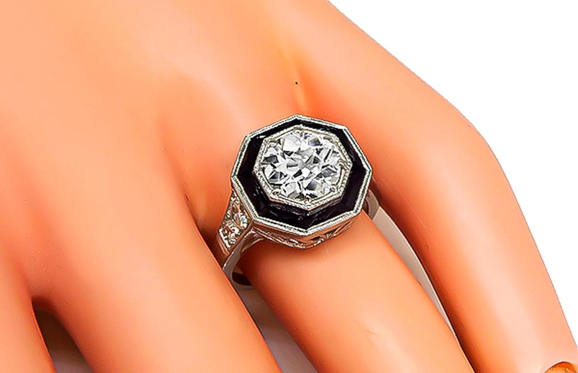 Old European Cut GIA Certified 1.51 Carat Diamond Onyx Engagement Ring