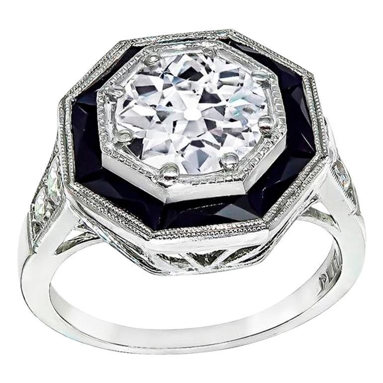GIA Certified 1.51 Carat Diamond Onyx Engagement Ring