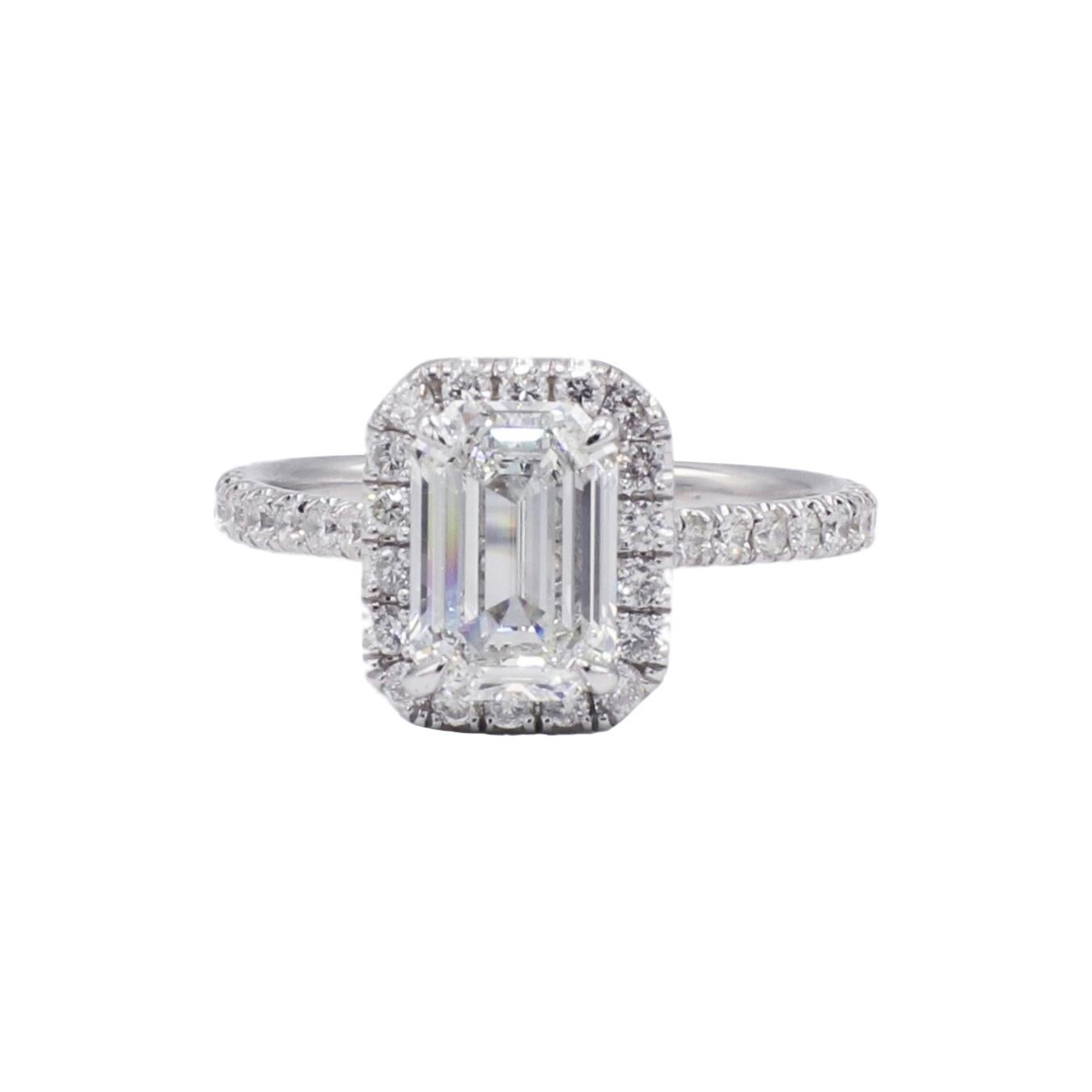 GIA Certified 1.51 Carat Emerald Cut Diamond Halo Engagement Ring