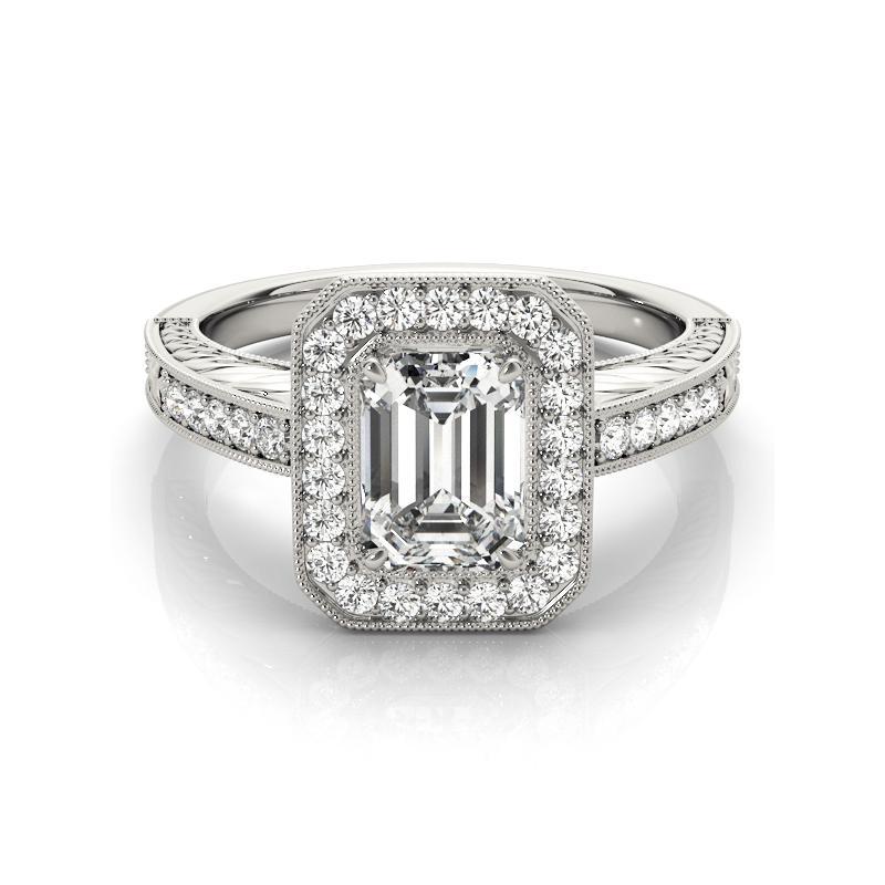 Bague à diamant en platine ajouré certifiée GIA de 1,51 carat avec halo d'émeraude gravé Neuf - En vente à New York, NY