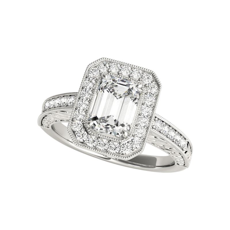 Bague à diamant en platine ajouré certifiée GIA de 1,51 carat avec halo d'émeraude gravé en vente