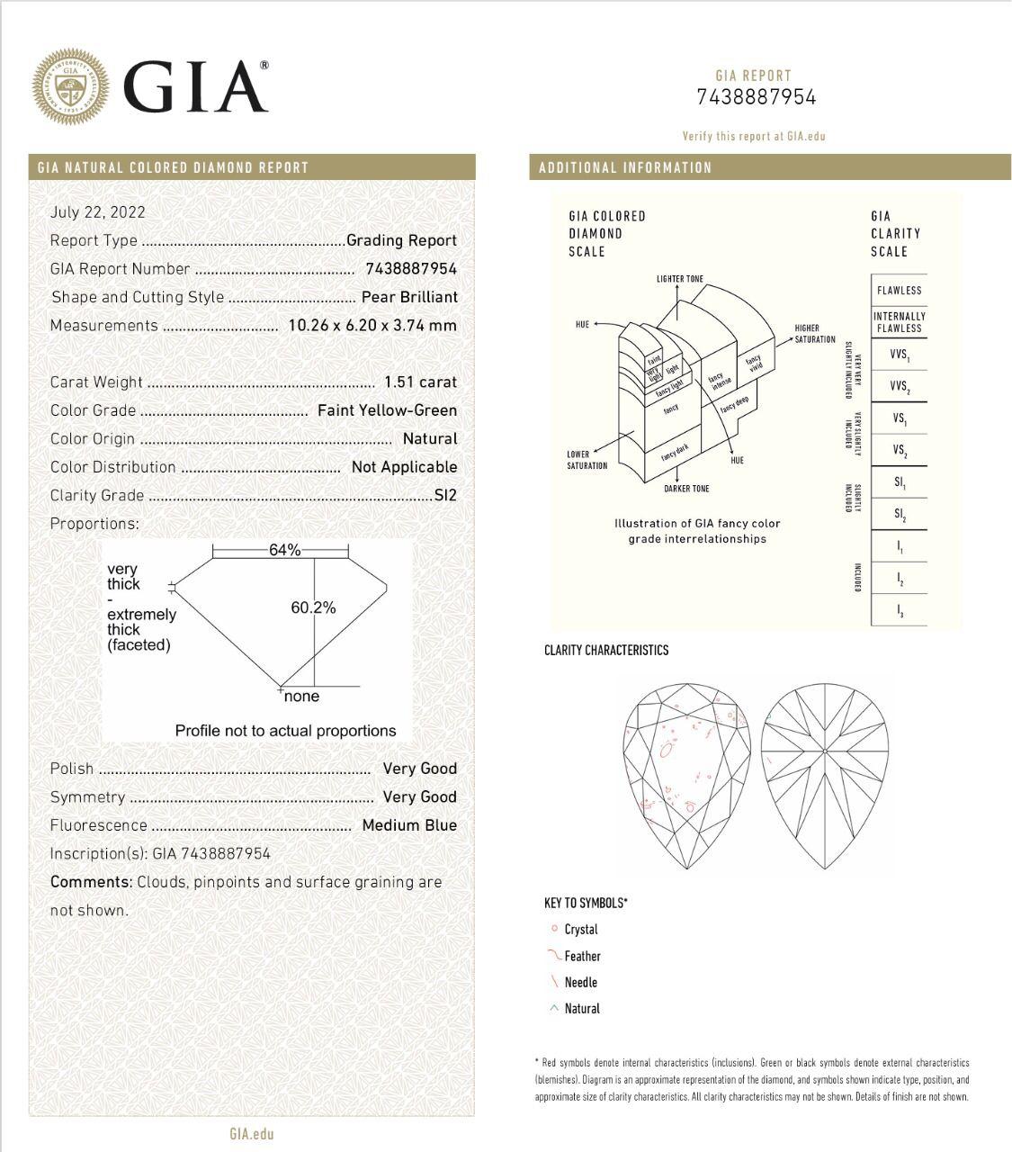 GIA Certified 1.51 Carat Faint Yellow Green SI2 Clarity Diamond Ring For Sale 3