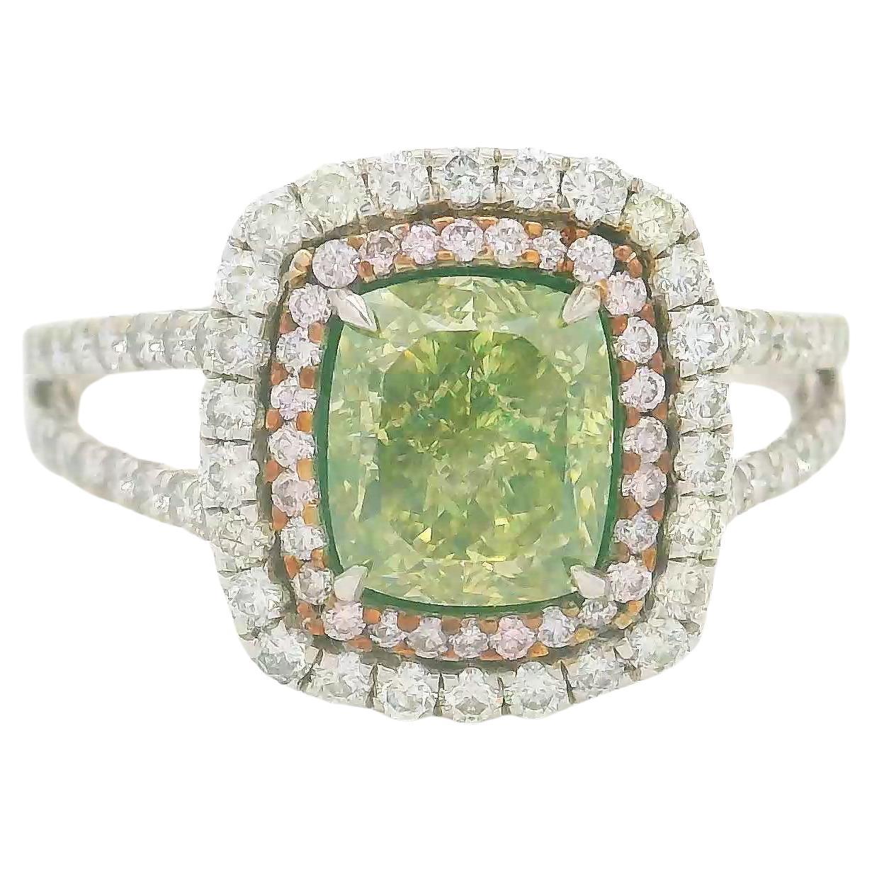 Anillo de diamantes de 1,51 quilates con certificado GIA Amarillo pardo verdoso fantasía VS2 Claridad