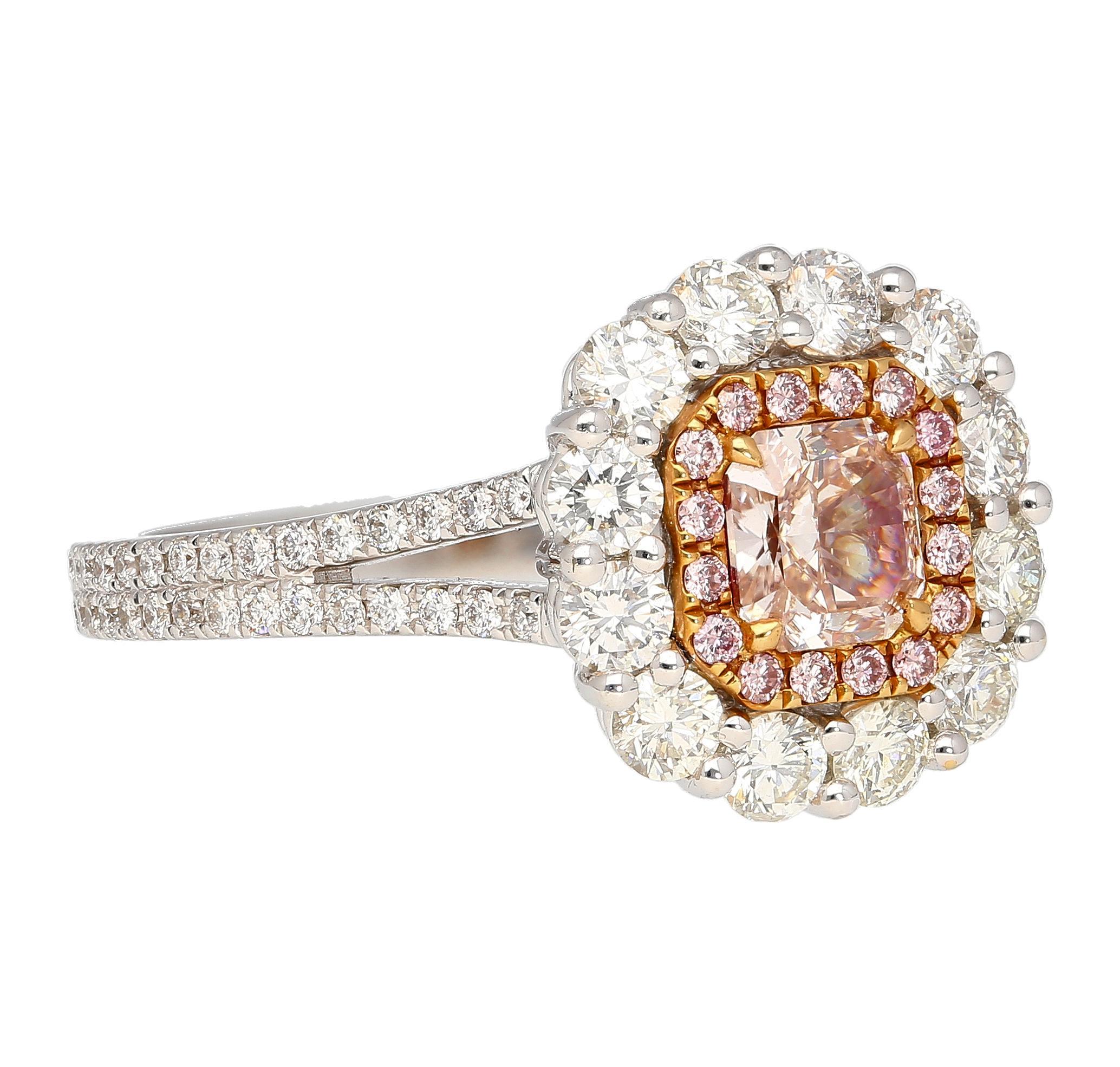 Radiant Cut GIA Certified 1.51 Carat Fancy Light Brown Pink Internally Flawless Diamond Ring For Sale