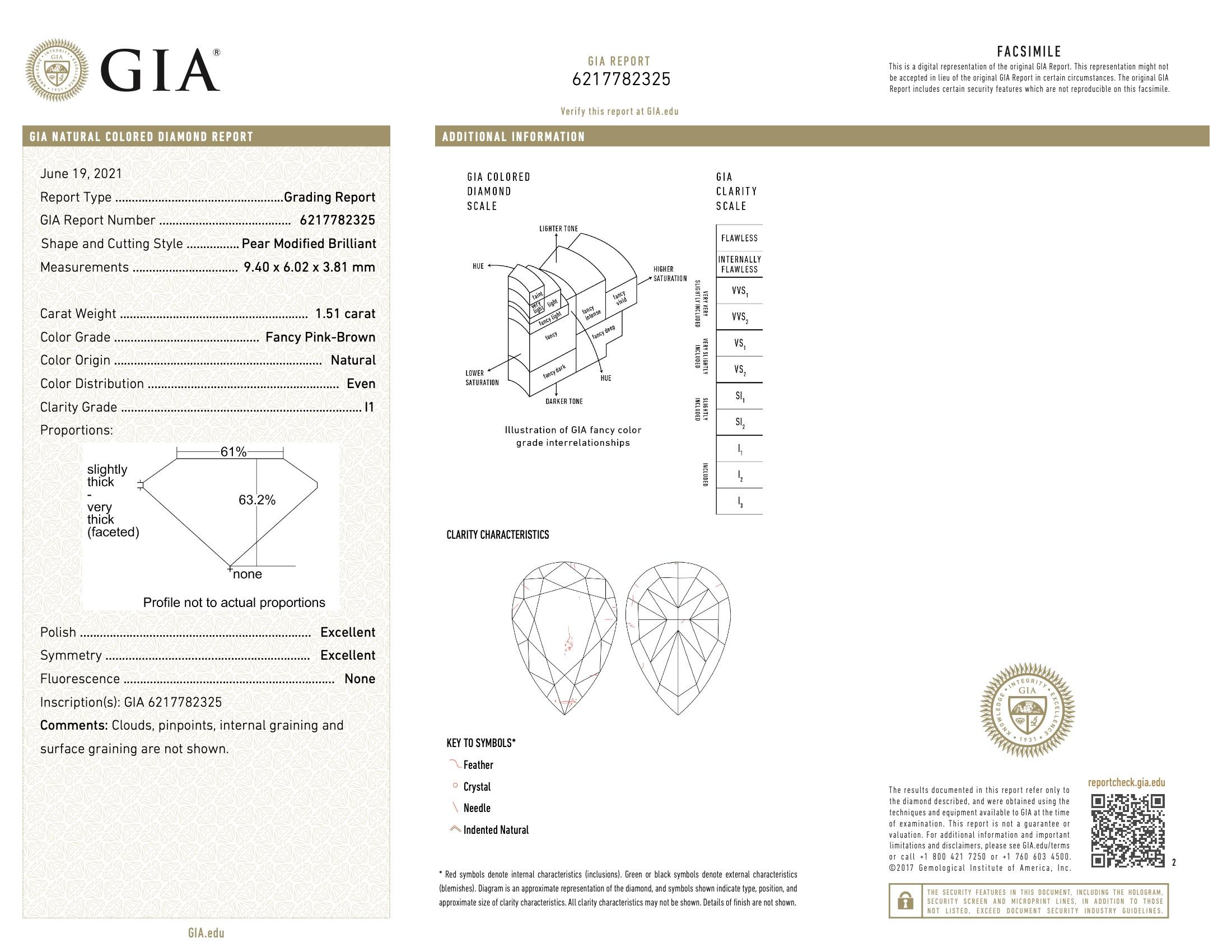 GIA Certified 1.51 Carat Fancy Pink Brown I1 Clarity Diamond For Sale 1