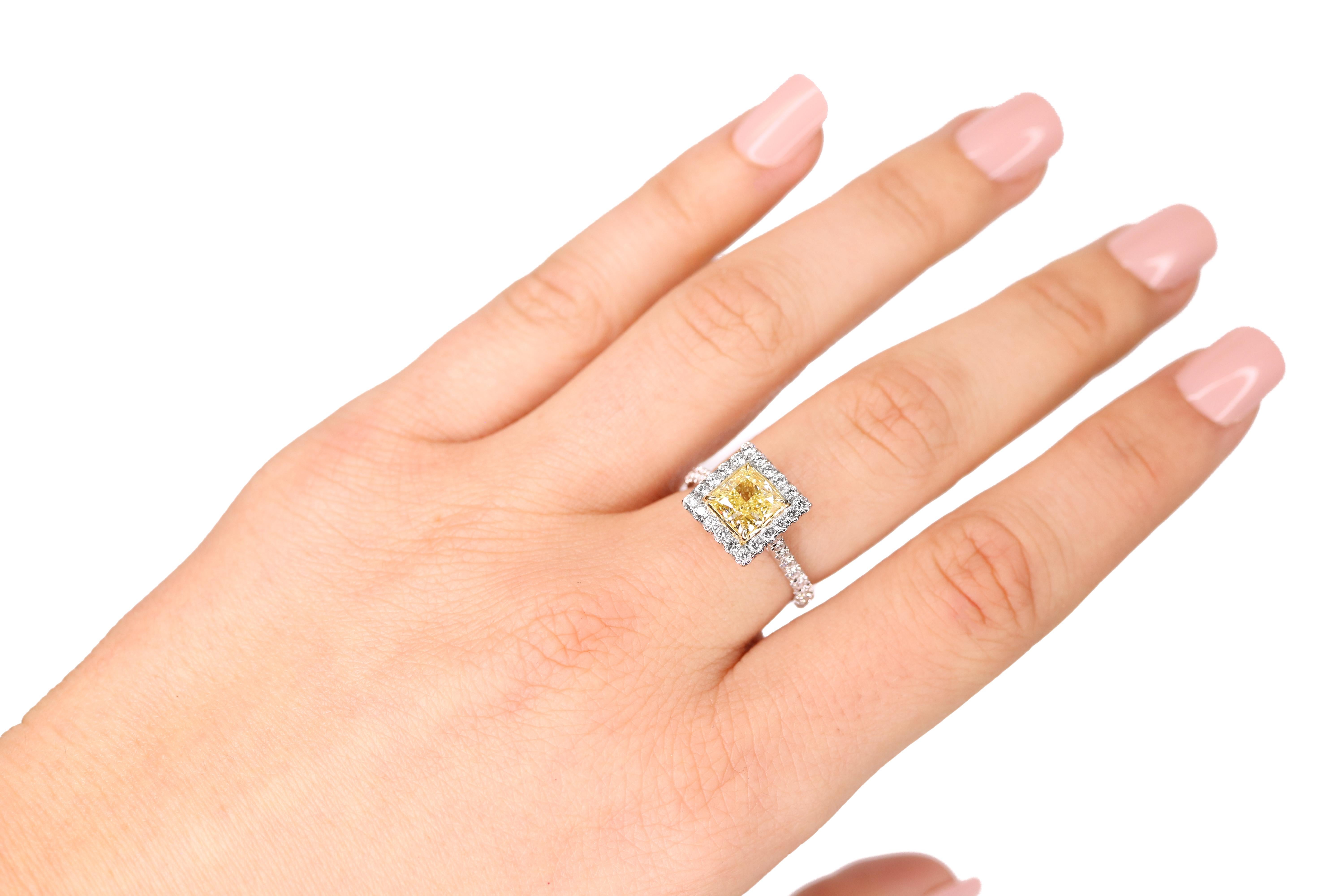 Women's GIA Certified 1.51 Carat Fancy Yellow Square Halo Diamond Ring For Sale