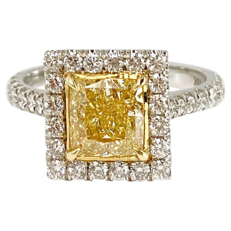 GIA Certified 1.51 Carat Fancy Yellow Square Halo Diamond Ring For Sale