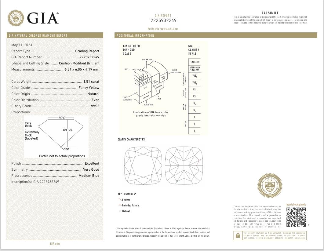 Women's or Men's GIA Certified 1.51 Carat Fancy Yellow VVS2 Clarity Diamond For Sale