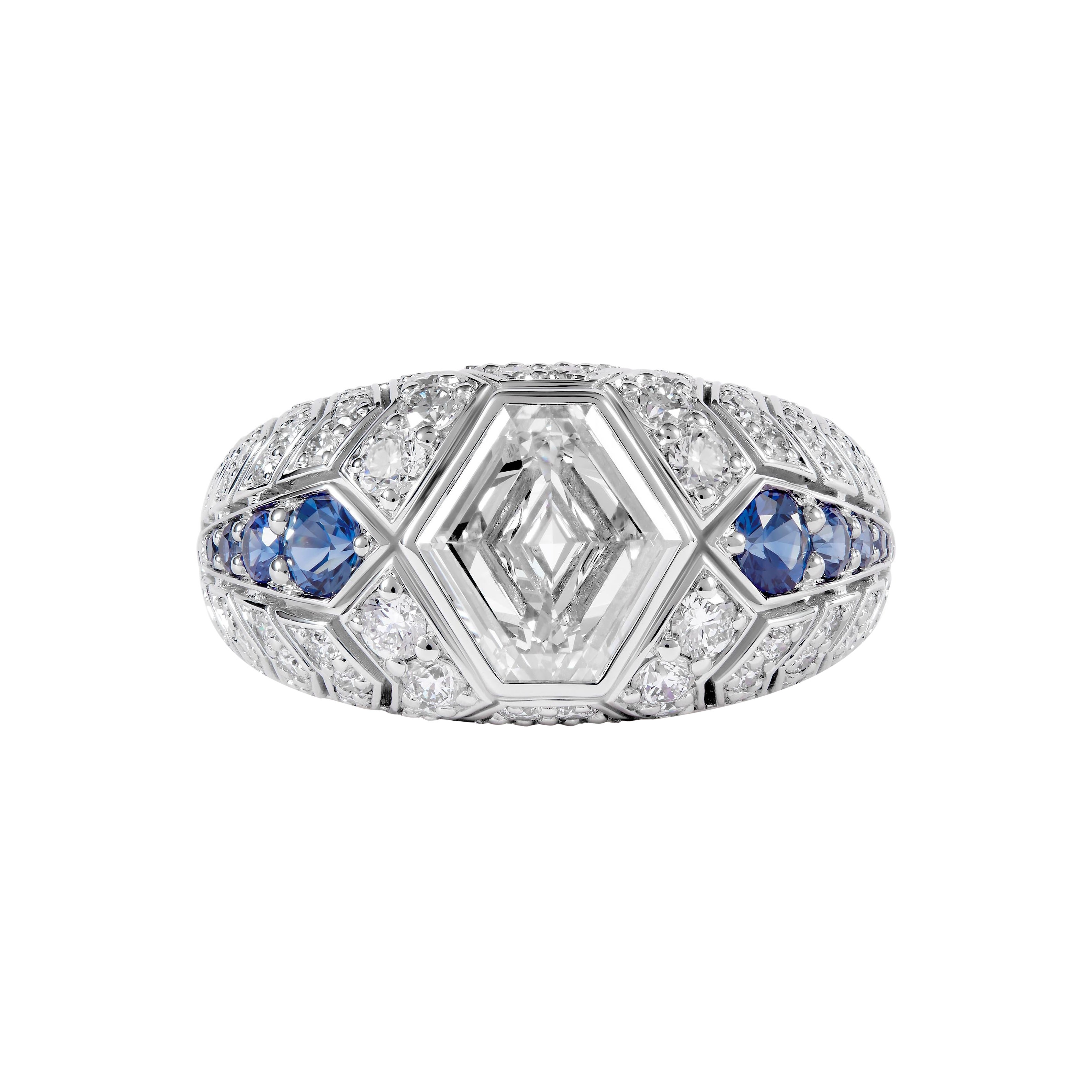 Anillo de diamantes hexagonales y zafiros azules certificado por el GIA de 1,51 quilates en venta