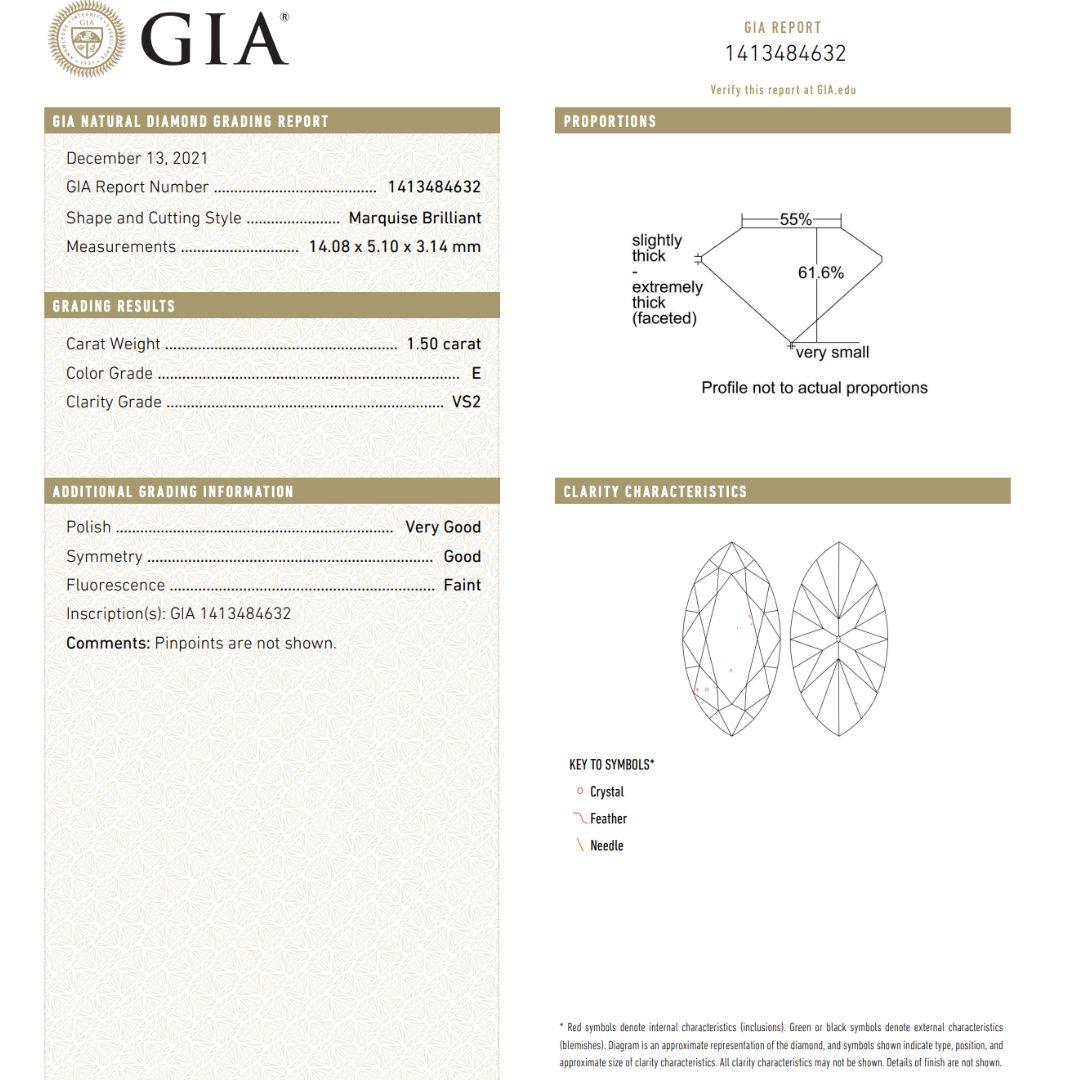 GIA Certified 1.50 Carat Marquise Cut Diamond 18K White Gold Unisex Ring For Sale 2