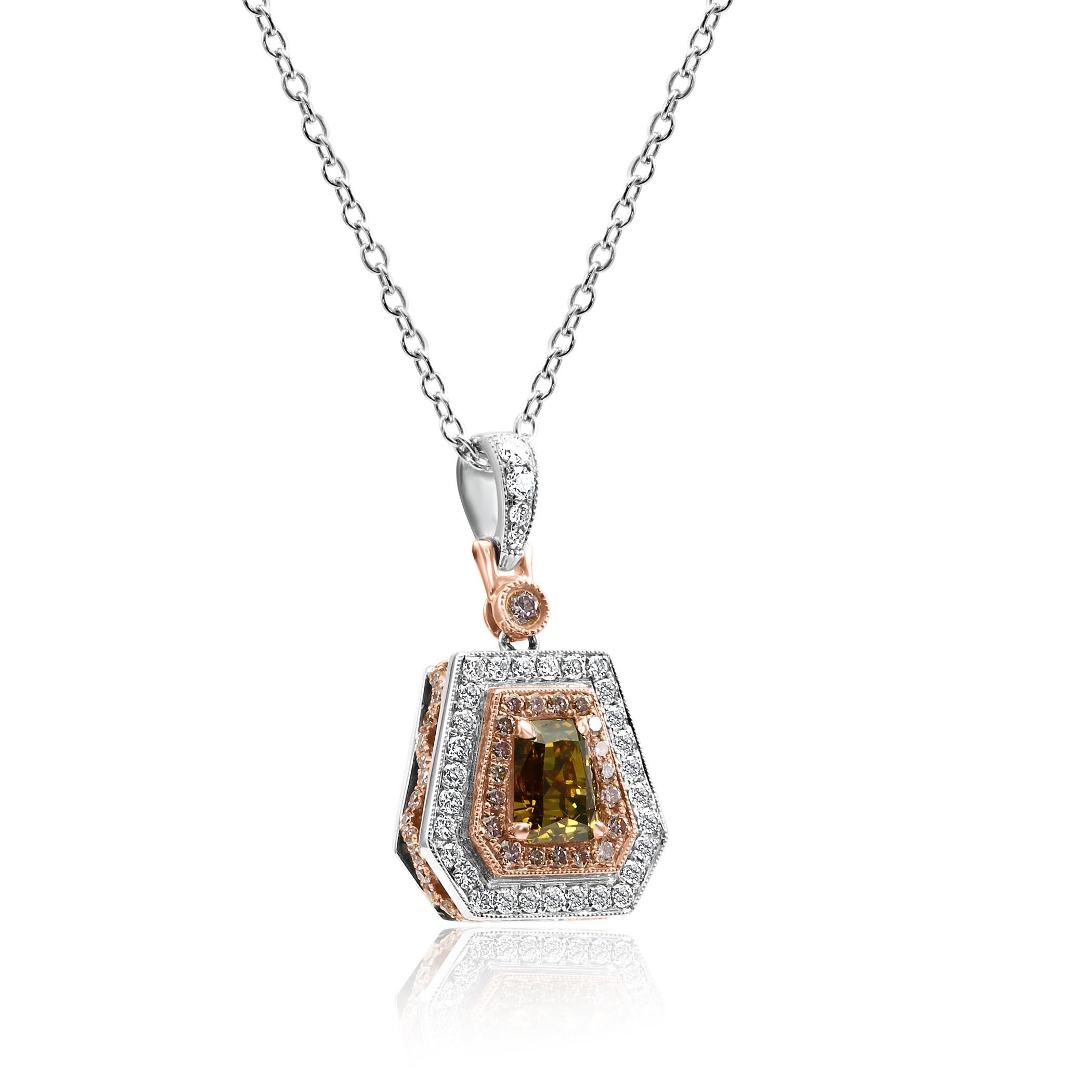 Rare GIA Certified 1.53 Carat Natural Fancy Deep Brownish Orangy Yellow Shield Cut Diamond Encircled in Double Halo of 64 Natural Fancy Pink Diamond SI Clarity 0.61 Carat and 33 White Colorless VS-SI Clarity Diamond Rounds 0.49 Carat in Gorgeous 18K