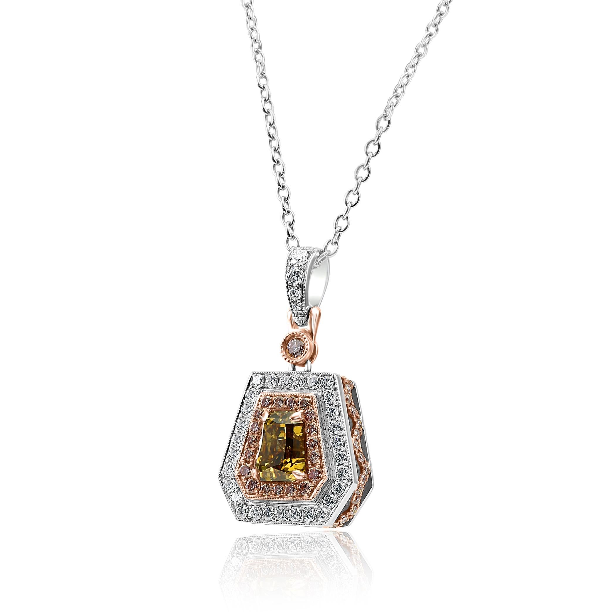 Contemporary GIA Certified 1.51 Carat Orangy Yellow Shield Double Halo Two Tone Gold Necklace