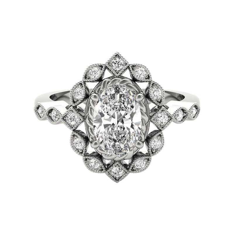 Anello con diamante ovale a doppio fiore in oro bianco 18 carati certificato GIA da 1,51 carati