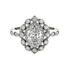 GIA Certified 1.51 Carat Oval Double Halo Flower 18K White Gold Diamond Ring