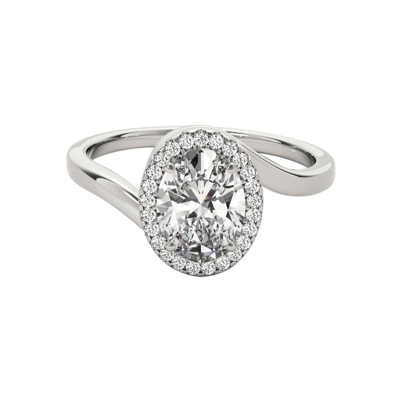 GIA Certified 1,51 Carat Oval Halo Curved Bypass 18K White Diamond Ring