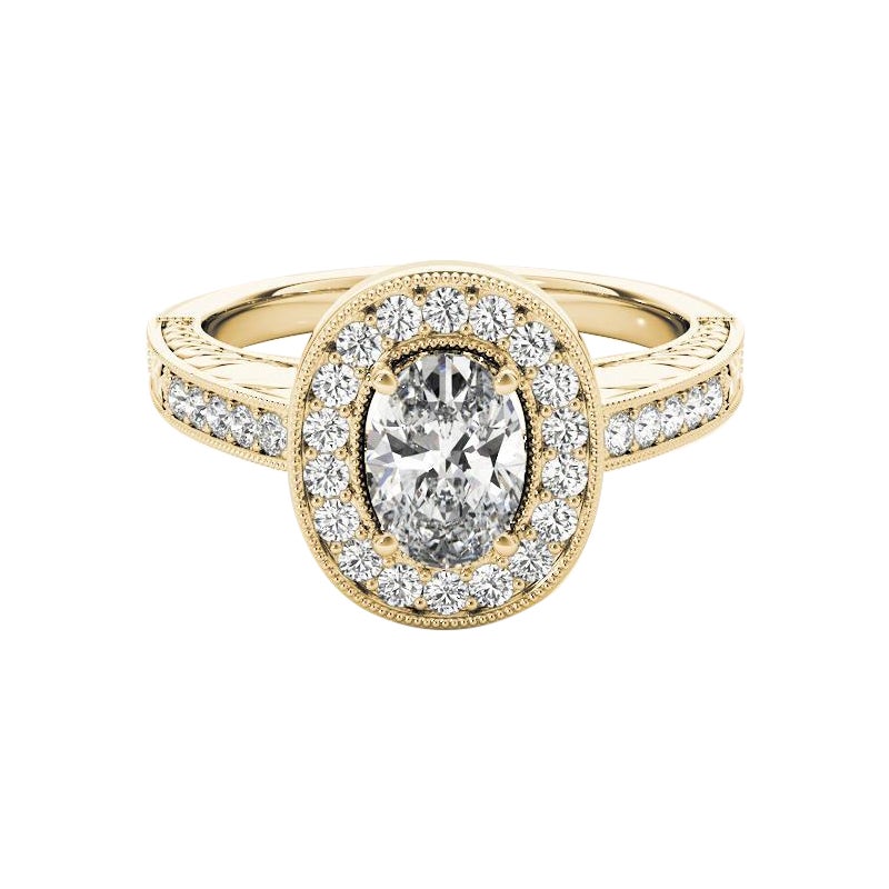 Anello con diamante ovale aureolato inciso e traforato certificato GIA da 1.51 carati