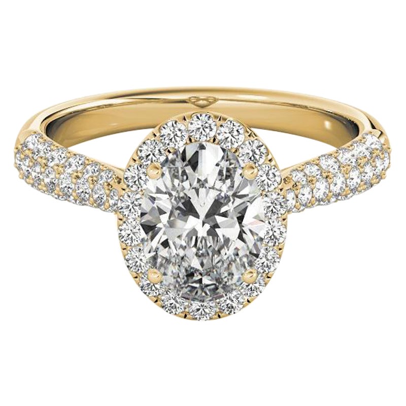 GIA Certified 1,51 Carat Oval Halo Multi-Row 18K Yellow Diamond Ring in vendita