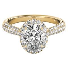 GIA Certified 1.51 Carat Oval Halo Multi-Row 18K Yellow Gold Diamond Ring