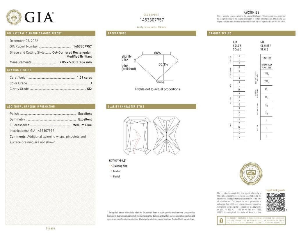 Anillo de diamantes de platino solitario con banda de diamantes radiante de 1.51 quilates certificado por GIA Contemporáneo en venta