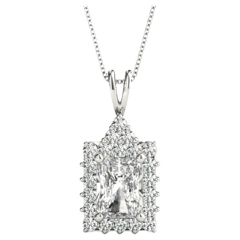 GIA Certified 1.51 Carat Radiant Diamond Halo White Gold Pendant Necklace For Sale