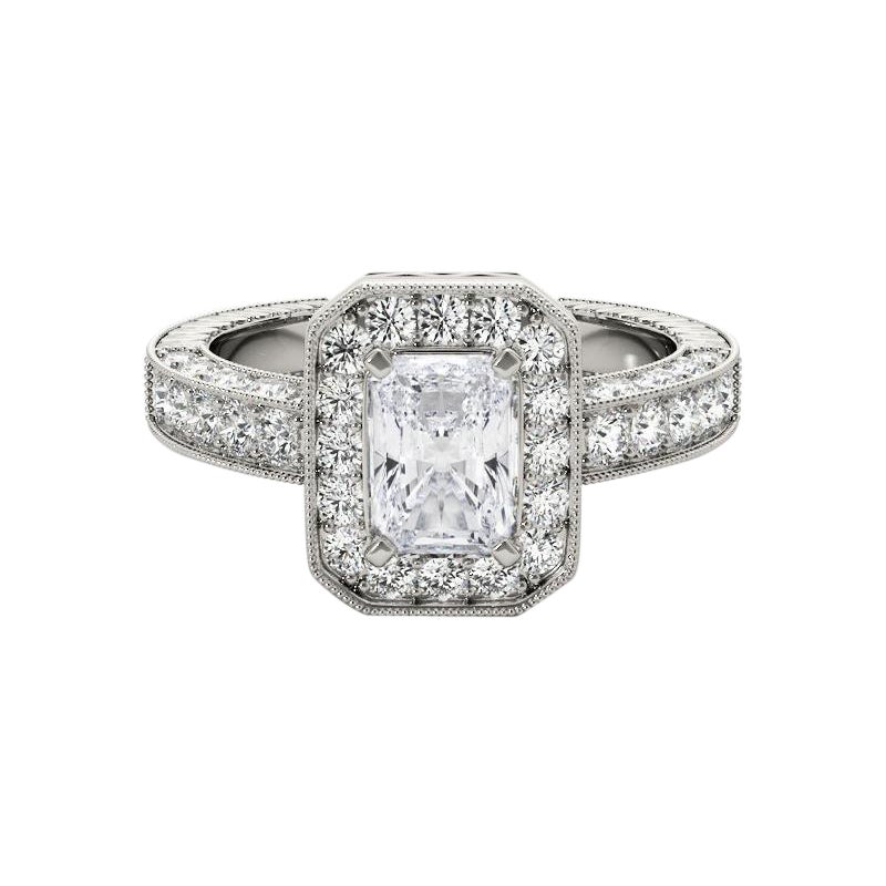 Bague en diamant certifié GIA de 1.51 carat avec halo radiant et pavage ajouré