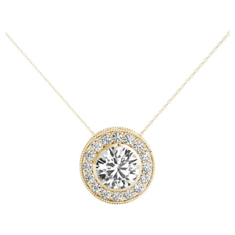 GIA Certified 1.51 Carat Round Diamond Milgrain Halo Pendant Necklace