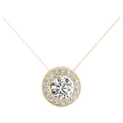 GIA Certified 1.51 Carat Round Diamond Milgrain Halo Pendant Necklace