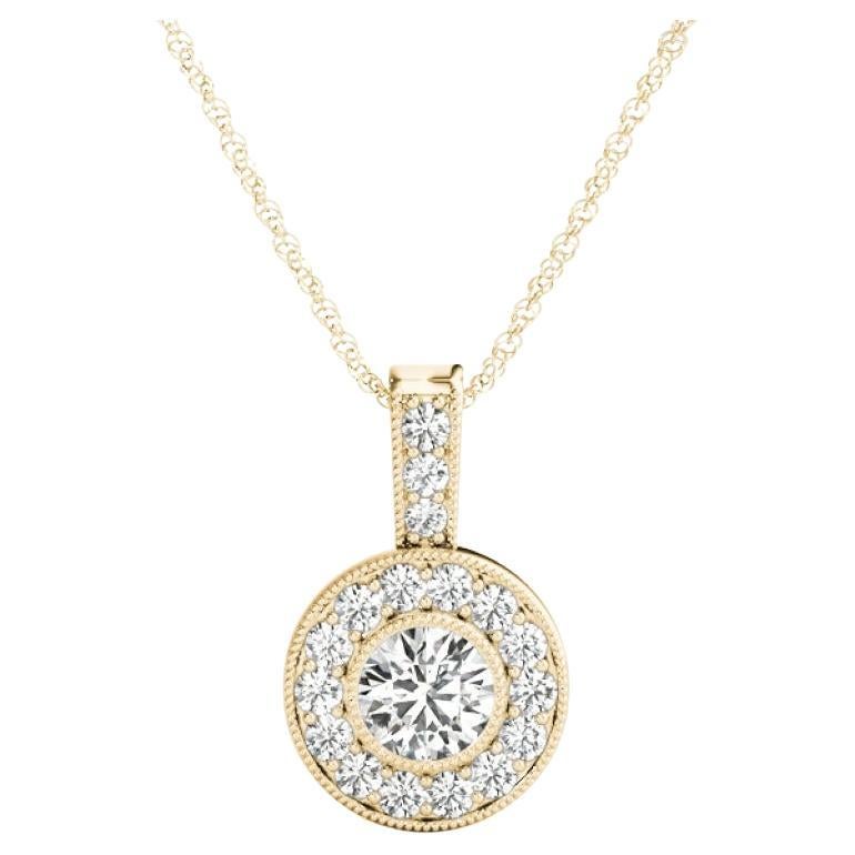 GIA Certified 1.51 Carat Round Diamond Milgrain Halo Yellow Gold Pendant