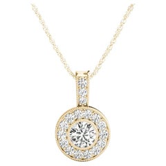 GIA Certified 1.51 Carat Round Diamond Milgrain Halo Yellow Gold Pendant