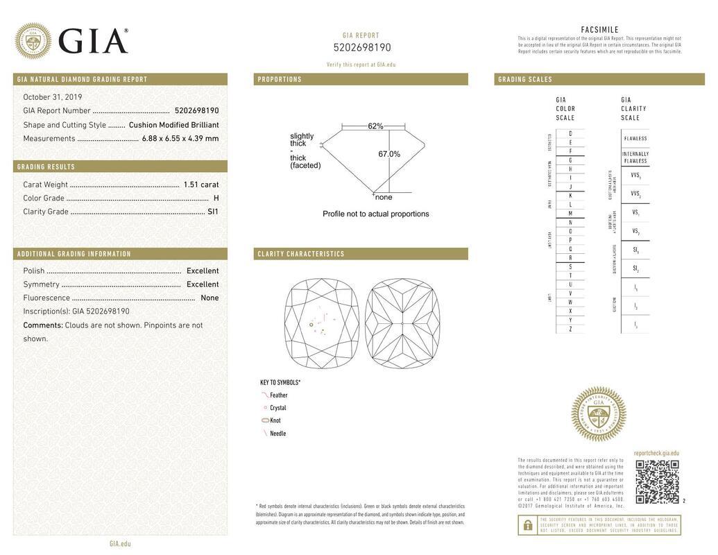 Contemporaneo Anello di diamanti vintage a fascia con cuscino a grana fine certificato GIA da 1,51 carati in vendita